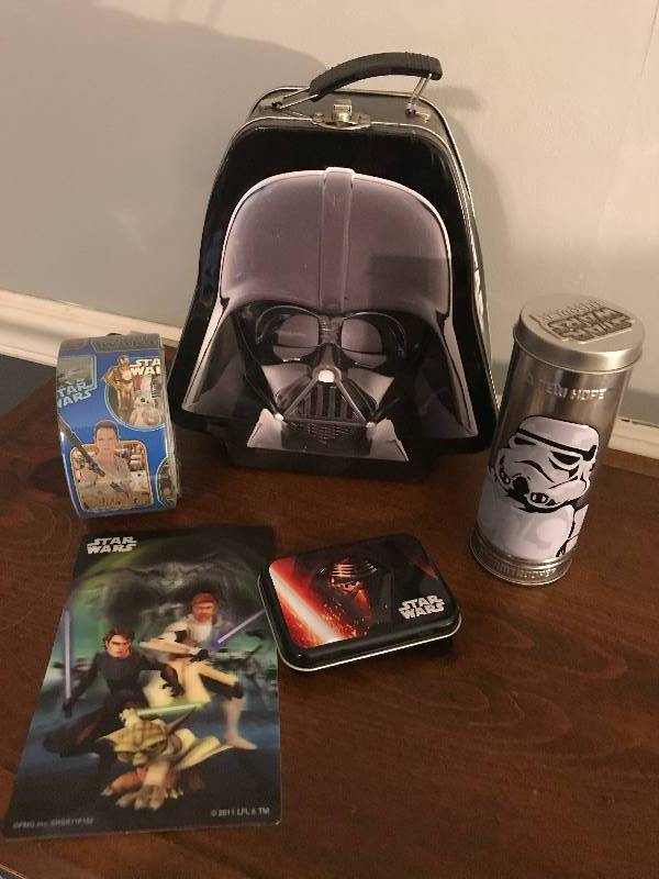 lot 255 image: Star Wars items--Darth Vader shaped embossed tin, qtip tin, duck tape, etc.