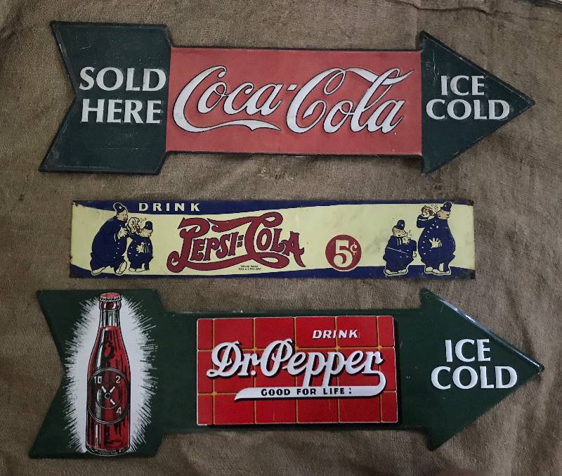 lot 2013 image: Set of Metal Wall SignsArrows--Coca Cola, Pepsi and Dr. Pepper