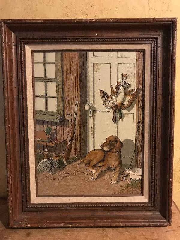 lot 2028 image: Rustic Wood framed Oil Painting of hunting dog resting by H. Hargrove