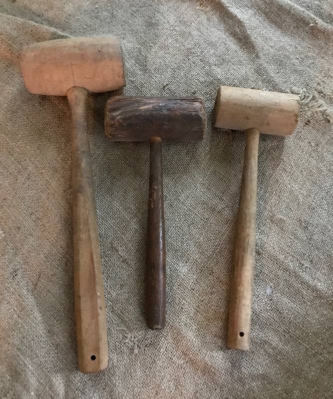 lot 2035 image: Set of 3 vintagerustic wood mallets