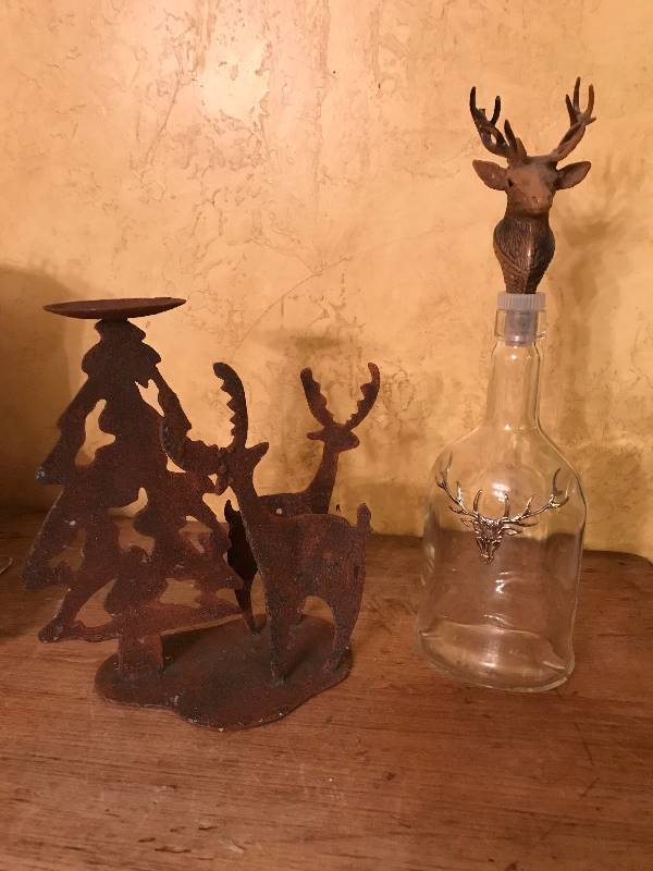 lot 2040 image: Rustic Deer in the woods candle holder and bottle with deer head stopper