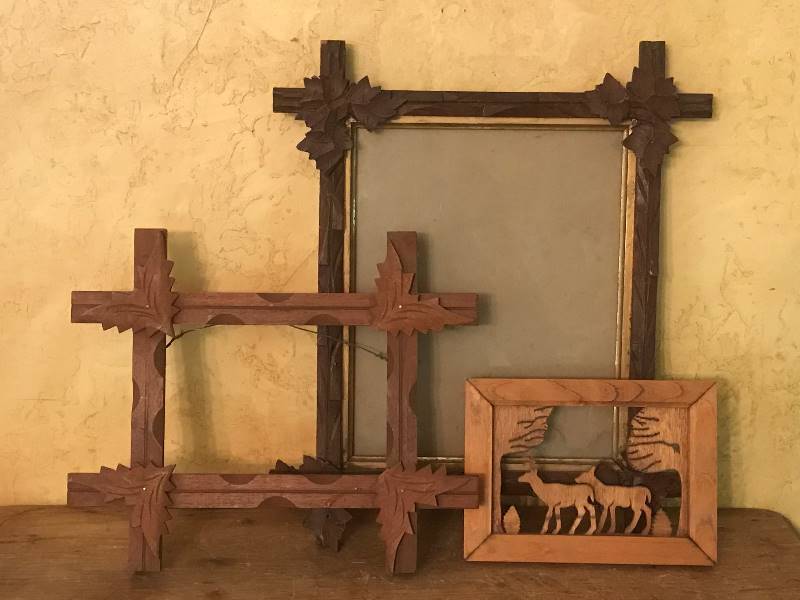 lot 2043 image: Rustic Wood Frames and wood carved deer scene
