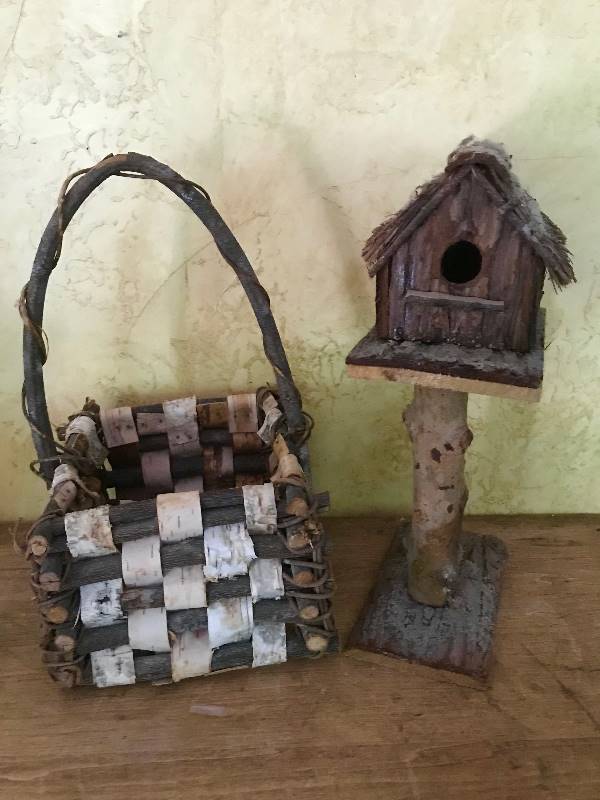 lot 2046 image: Rustic woodland dcor--birdhouse and bark basket