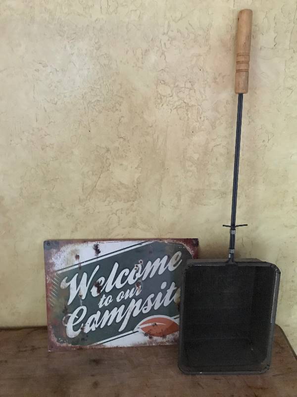 lot 2052 image: Welcome to our Campsite Metal Wall Sign and rustic metal popcorn popper