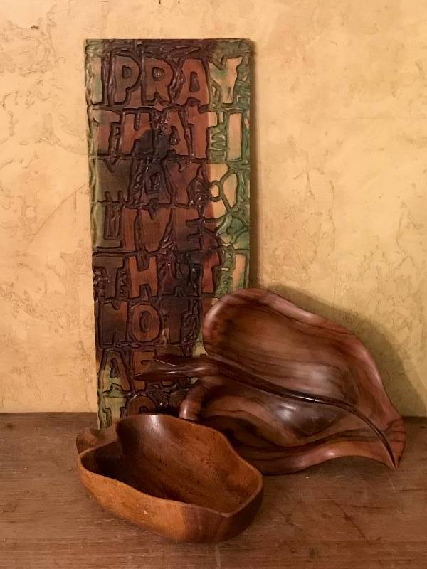 lot 2066 image: Wood Carved Wall Plank--I Pray and Wood leaf bowls