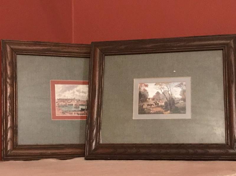 lot 2079 image: Set of Vintage framed wall dcor--Fox Hunt and Shipyard framed wall art