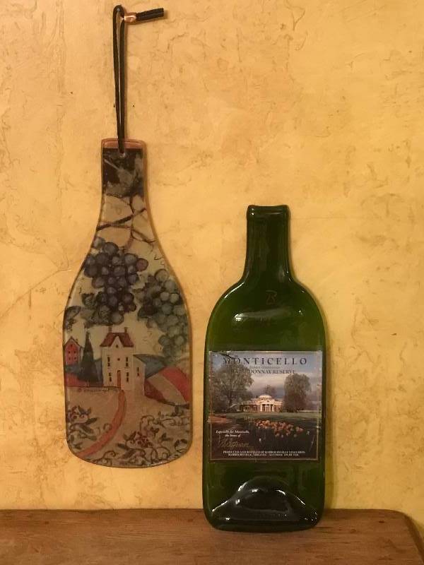 lot 2095 image: Set of slumped melted flat wine bottles for spoon rest, dcor, etc