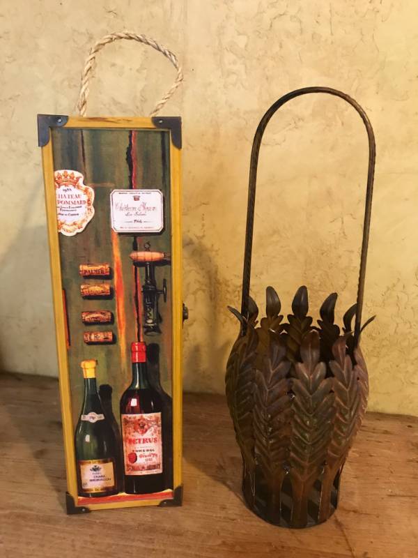 lot 2113 image: Set of Wine Holders--metal basket and wooden box