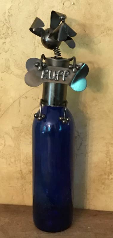 lot 2115 image: Metal Dog Wine Bottle topper with bottle