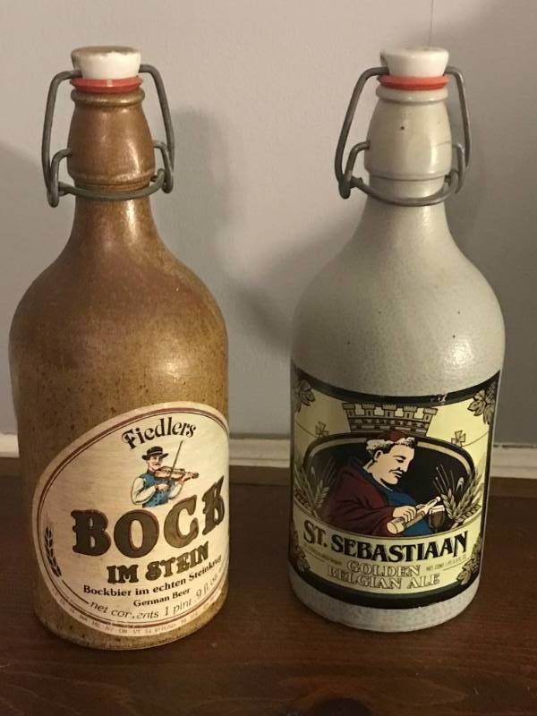 lot 2133 image: Collectible Stein-Stoneware Beer Bottles-Fiedlers Bock and St. Sebastian Golden Belgian Ale