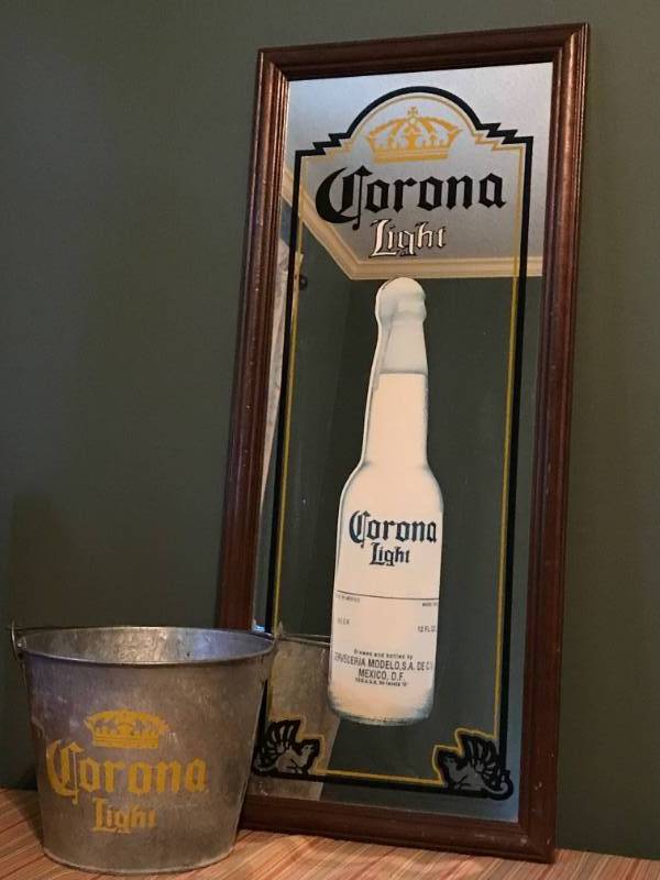 lot 2142 image: Corona Mirror Bar Sign with galvanized bucket