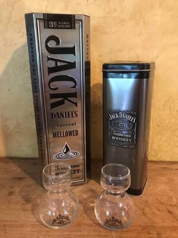 lot 2146 image: Set of Vintage Jack Daniels Collector Tins and shot glasses