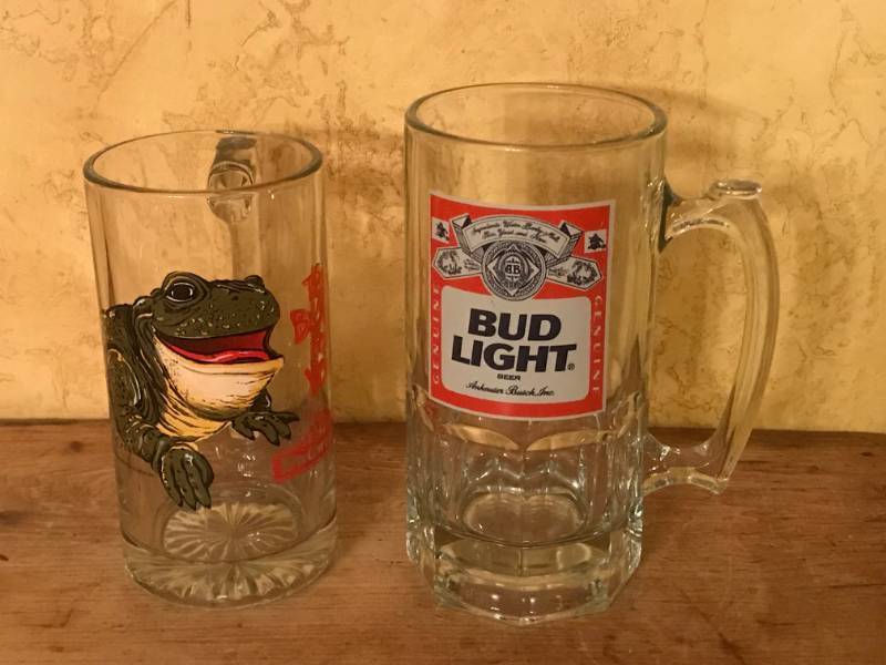 lot 2160 image: Set of 2 Beer Mugs--Budweiser This Buds for You Frog and Bud Light