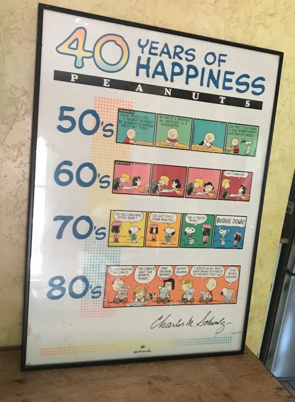 lot 2232 image: Charles M. Shulz Peanuts Comic framed vintage poster 16 x 22
