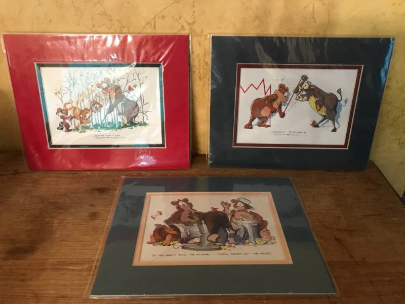 lot 2234 image: Set of 3 Robert Marble Cartoon Bear Prints (matted)--Golf Playing it as it Lies, If you Dont take the Plunge�Youll never get the Prize, and Market Struggle