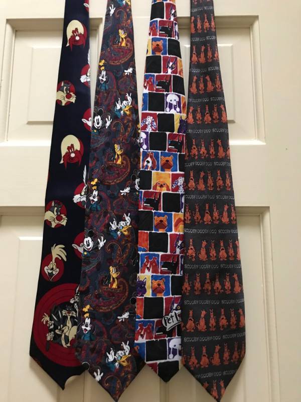 lot 2276 image: Just for Fun---set of 4 ties (Scobby Doo, Looney Tunes, Disney, and Pets)