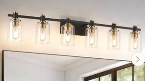 lot 24513 image: 42.32 in. 6 Light Black and Gold Bathroom Vanity Light with Cylinder Clear Glass shades