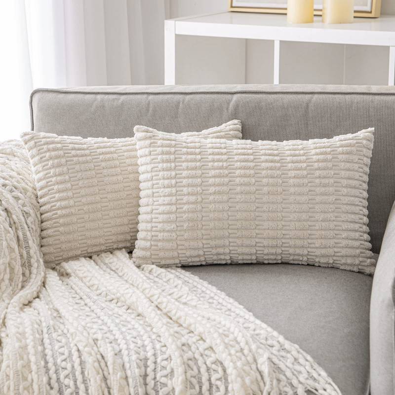 lot 2016 image: ANRODUO Pack of 1 Cream White Pillow Covers Decorative Throw Pillows 12x20 Inch for Couch Bed Living Room Soft Corduroy Striped Lumbar Cushion Case Boho Throw Pillows Neutral Room Fall Room Decor - Retail $14