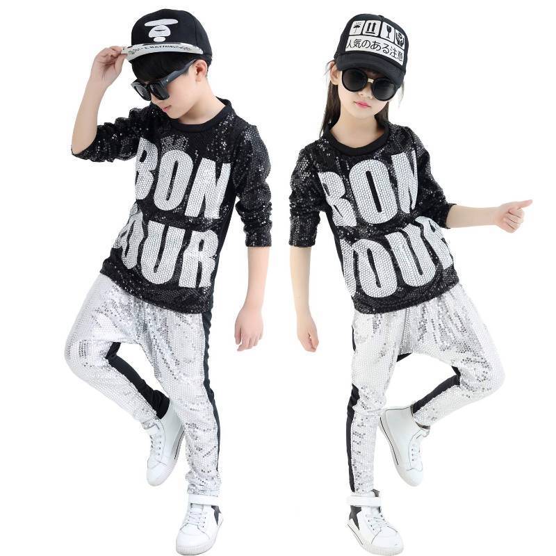 lot 2020 image: Boys Girls Sequins Hip Hop Costume Hiphop Jazz Dance Clothing Set (10, Black&Silver) - Retail $27