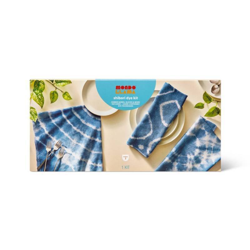 lot 2034 image: Shibori Dye Dish Towel Kit - Mondo Llama DIY Art Kit with String, Gloves, Craft Sticks, Rubber Bands & Color Dyes - Retail $15