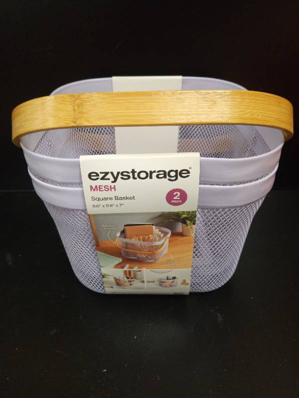 lot 2037 image: Ezystorage Mesh Square Basket Set with Bamboo Handles - Retail $15