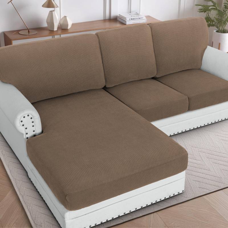lot 2082 image: H.VERSAILTEX Sectional Couch Covers 3 Pieces Sofa Seat Cushion Covers L Shape Separate Cushion Couch Chaise Cover for Both LeftRight Sectional Couch (Seat Only 1 Chaise  2 Sofa, Macchiato) - Retail $45
