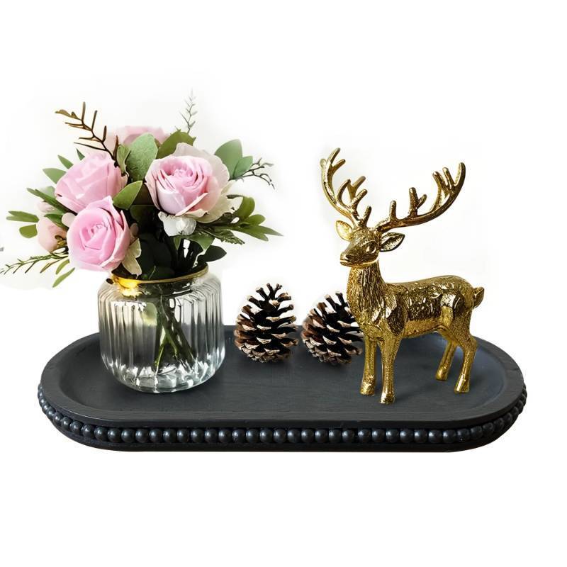 lot 2084 image: dwellington Wooden Farmhouse Decorative Tray, 12in Rustic Beaded Tray for Living Room Decor, Kitchen Table D�cor, Oval Coffee Table Serving Tray (Black) - Retail $17
