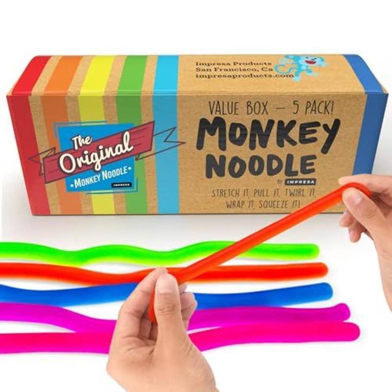 lot 2091 image: IMPRESA Monkey Noodles Fidget Toys for Focus & Calm - Multicolor, 12 x 3 x 0.75 in - 5 Pack Sensory Stretchy String Fidgets for Kids & Toddlers 3 - Retail $13