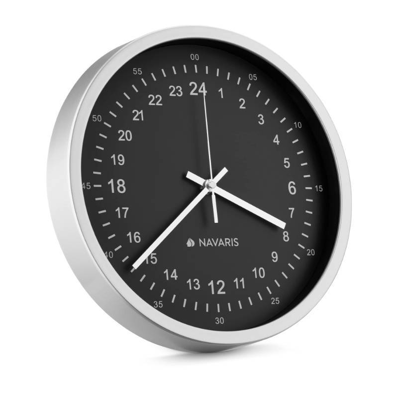 lot 2100 image: Navaris 24 Hour Wall Clock - 11.8 Analog Military Time Clock with Silent Movement Non-Ticking Hands - Battery Operated - Silver Frame with Black Face - Retail $27