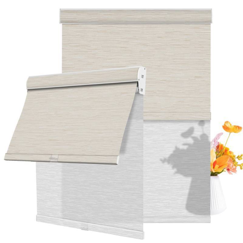 lot 2107 image: BERISSA Cordless Dual Roller Shades with Cassette Valance,Double Window Shades Blackout and Light Filtering Blinds,Day and Night Roller Blinds for Home Office.Maze Beige & White.Custom Sizes - Retail $39