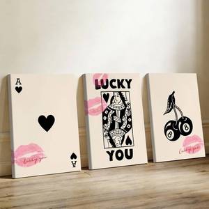 Pennimor Queen of Hearts Wall Art Decor â Set of 3 Framed Canvas 16x24in, Cherries Lips Kiss Lucky Vintage Artwork for Bedroom Living Room Home Wall Decorations - Retail: $52