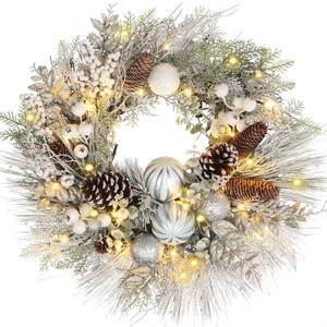 lot 105 image: Briful Christmas Wreaths for Front Door 24 Christmas White Snow Flocked Door Wreath with Balls Ornaments Pinecone Berries for Xmas Room Fireplaces Walls Home IndoorOutdoor Porch Decor - Retail $55