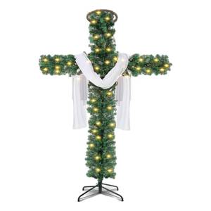 lot 109 image: Cross Christmas Tree, Christmas Tree Shaped Like a Cross, Foldable Pre-Lit Artificial Pine Christmas Cross with Light String Decorations Purple Scarf Wooden Rattan Ring (6ft) - Retail $145