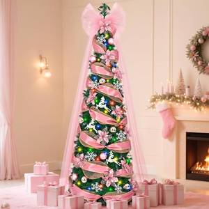lot 111 image: Uspring 6 FT Pop Up Christmas Tree with Lights, Artificial Collapsible Pink Christmas Trees with Remote Control & Colorful LED Light, Pre Decorated Surround Ribbon, Ball Ornaments, Holiday Party Decor - Retail $70