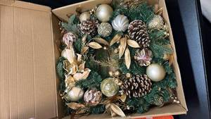 lot 113 image: Chrisxiao 24 Inch Christmas Wreath for Front Door, Christmas Wreath with Golden Balls,Pine Needles, Pine Cones & Gold Accents for Home Door Window Wall Indoor Outdoor Christmas Decoration �� - Retail $70