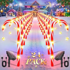 lot 117 image: E-Kong 24 Pack Solar Candy Cane Lights Outdoor Christmas Decorations, 10 Modes, 12 Hours Bright Lighting Christmas Decorations Outdoor, Solar Pathway Lights Waterproof for Yard Patio Garden - Retail $30