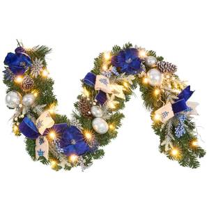 lot 119 image: Pre-Lit Christmas Garland with Christmas Tree Icon Ribbon and Magnolia, 25 LED Lights with Timer, 6ft Lighted Silver Blue Garland for Front Door, Mantel, Holiday Decoration,Magnolia Winter Decor - Retail $50