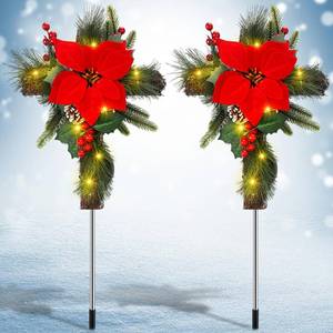 lot 120 image: Vihose 2 Pcs 36 Solar Cross Cemetery Christmas Decorations Outdoor LED Lights Christmas Tree Grave Decor Xmas Waterproof Cross Stake Faux Pine Cones and Foliage Ornament Stake for Lawn Yard Cemetery - Retail $37