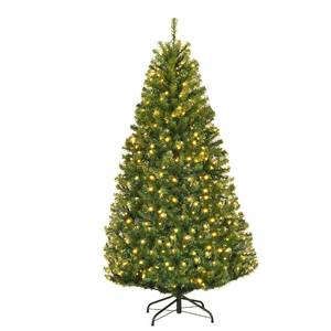 lot 123 image: GOFLAME 5ft Pre-Lit Artificial Christmas Tree, Spruce Hinged Tree with Metal Stand, 11 Flash Modes with (possibly) Multicolored LED Lights,  - Retail $75