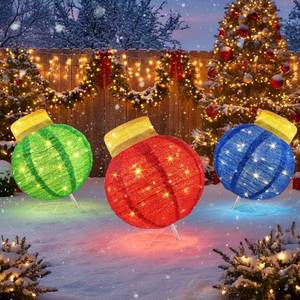 lot 129 image: VIHOSE 3 Set Large Outdoor Christmas Decorations Christmas Pop-Up Balls with LED Lights Foldable Luminous Ball with Base Holiday Ball Decorations Suitable for Yard Garden (Blue,Red,Green) - Retail $100