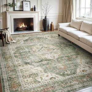 lot 101 image: AMOAMI-Area Rug 5X7 Rugs for Living Room-Vintage Soft Green Rugs for Bedroom-Non Slip Carpet-Machine Washable Rug for Dining Room Living Room Bedroom Office Under Table - Retail $70