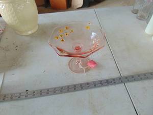 lot 2145 image: Pink Glass handpainted Footed dish