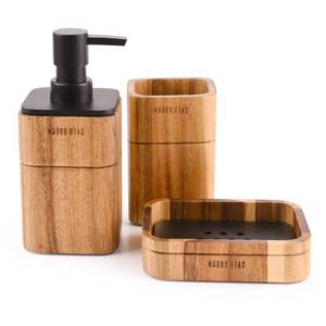 lot 16 image: Lunavita Bathroom Accessories Set 3 Piece Bath Ensemble Includes Soap Dispenser, Bathroom Tumbler, Soap Dish Accessories for Decorative Countertop and Housewarming Gift,Acacia Wood - Retail $25