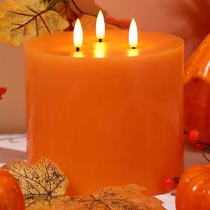 lot 22 image: Retisee Orange Extra Large Flameless Candles 6x6 LED Battery Operated Real Wax 3 Wicks Flickering Pillar Candle with Remote Control Timer for Halloween, Fall, Thanksgiving Party Decoration - Retail $20