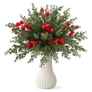 lot 27 image: Dapclca 50 Pcs Christmas Artificial Pine Branches with Red Berry Stems, 10.5 Faux Evergreen Norfolk Pine Cypress Leaves Stems- Fake Foliage Pine Needles Picks for DIY Craft Garland Home D�cor - Retail $19