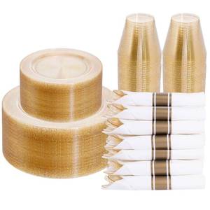 lot 37 image: DaYammi 210PCS Gold Glitter Plastic Dinnerware Set for 30 Guests, Fancy Disposable Plates for Party, Include 30 Dinner Plates, 30 Dessert Plates, 30 Pre Rolled Napkins with Gold Silverware, 30 Cups - Retail $40