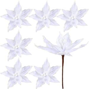 lot 42 image: Zeyune 6 Pcs White Christmas Poinsettia Flowers Artificial Large Poinsettia Picks Faux Frost Edged Flannel Flowers for Christmas Tree Ornament Holiday Decorations - Retail $21