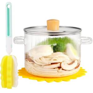lot 48 image: Clear Glass Cooking Pot With Lid and Brush on Stove - 1.8L(61oz) Borosilicate Simmer Pot With Cover - Cookware Stovetop Set for Pasta, Noodle, Soup, Milk - Retail $22