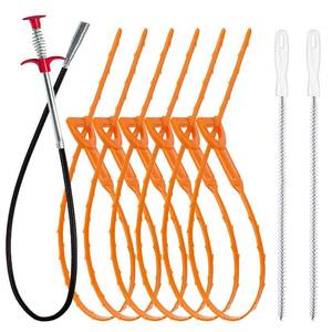 lot 57 image: 35.5inch Drain Clog Remover(1pcs), 25inch Drain Snake Hair Remover(6pcs) �� Cleaning Brush(2pcs), Hair Catcher Drain Auger Cleaner Tool Set For Toilet, Kitchen Sink, Bathroom Tub, Sewer, 9 Pack - Retail $8