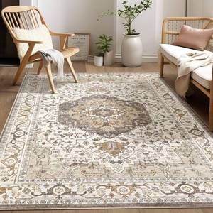 lot 64 image: Area Rug for Living Room - 5x7 Soft Washable Oriental Vintage Floral Distressed Large Carpet - Fade Stain Resistant Non Slip Rugs for Bedroom Dining Room Nursery Dorm Office Home Decor-CamelBeige - Retail $50